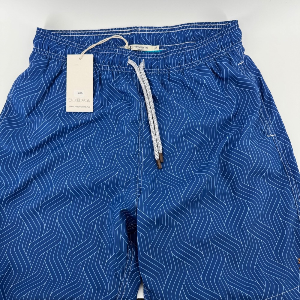 Retromarine Swim‎ Trunks Men XL Blue Geometric Wave Print Anchor Logo NWT $155